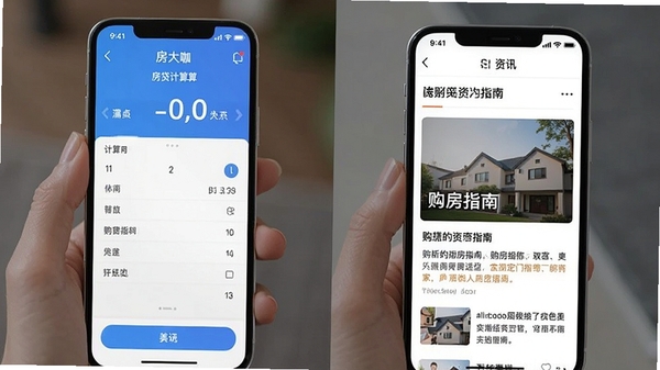 房大咖应用在手机上的操作截图,展示房贷计算器界面和资讯阅读页面,用户正在查看购房指南文章