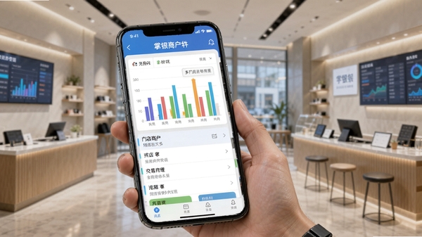 �����̻�app����ͳ������ŵ�������ܽ��棬�ֻ���Ļ��ʾ��ɫ��״ͼ���ŵ��б����̻����ڲ鿴��Ӫ���ݣ�����Ϊ�ִ������̳�����ͻ�����ݿ��ӻ���ͳһ������������������̻���������