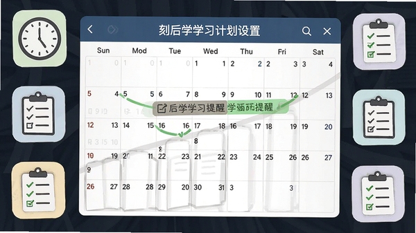 刻后学学习计划设置界面,日历视图标注学习提醒,周围环绕时钟和任务清单图标