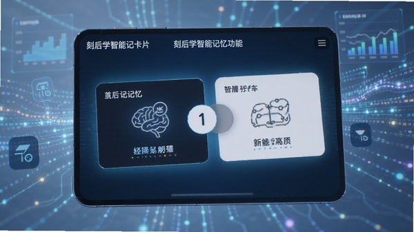 刻后学智能记忆卡片功能界面,展示卡片正反面切换效果,背景带有科技感的学习数据流