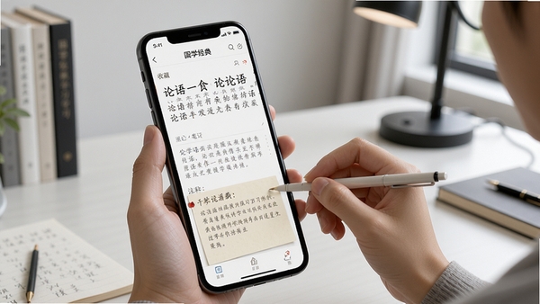 ���ݹ�ѧ��������ѧϰ��������һ��AIͼƬ������չʾ�ֻ���Ļ�й�ѧ����app���ղ���ʼǽ��棬�û������Ķ����ﲢ���ʼǣ���������չʾԭ�ġ����ġ�ע���������ղ��֣�����Ϊ�ִ���Լ�������ͻ����ѧ����������ѧϰ�����