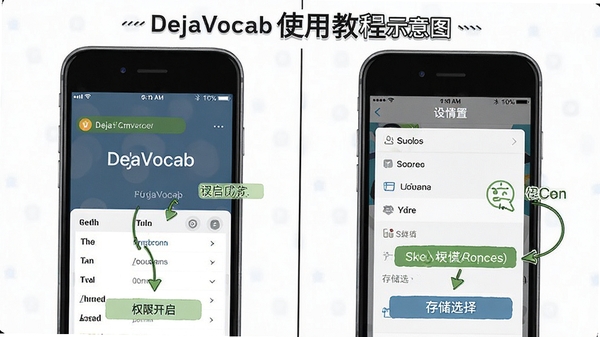 DejaVocabʹ�ý̳�ʾ��ͼ��չʾ�ֻ���Ļ�ϵĵ���ѧϰ���������ò˵�����עȨ�޿����ʹ洢ѡ����