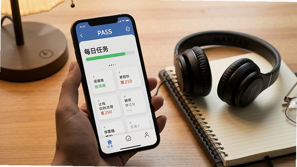 PASS HSK�ƶ���ѧϰ����չʾ���ֻ���Ļ����ʾÿ������������ʹʻ㿨Ƭ���Ա��ж����ͱʼǱ���ѧϰ��ΧŨ��
