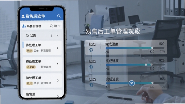���ۺ󹤵��������ܽ��棬��ʾ�����б���״̬��ǩ�ͽ�������AI��ͼ��ʾ�ʣ����ۺ�������������ҳ�棬��ɫ���⣬����칫����ֻ���Ļչʾ��������������ɽ���