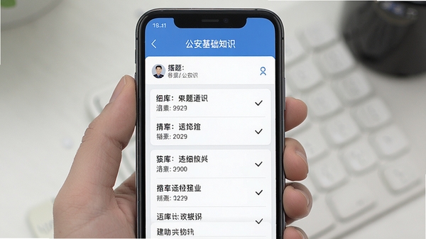 公安基础知识App章节练习界面,手机屏幕展示题库列表与答题卡,蓝色主题风格,简洁清晰