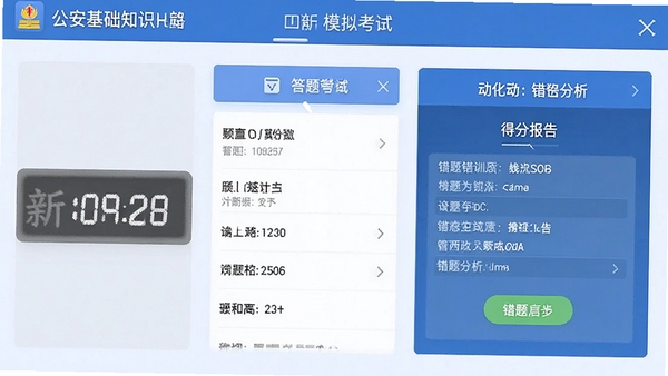 公安基础知识App模拟考试界面,显示倒计时、答题卡和得分报告,突出错题分析功能