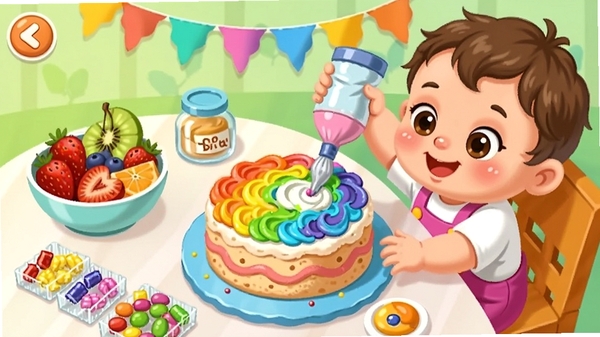 宝宝过生日游戏蛋糕制作界面,卡通宝宝正在给蛋糕涂抹彩色奶油,桌面上摆满水果和糖果装饰,画面明亮可爱