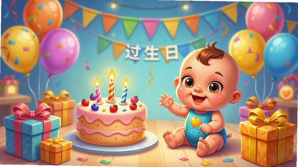 宝宝过生日游戏主界面,色彩缤纷的卡通生日派对场景,有蛋糕、气球、礼物盒,可爱的卡通宝宝角色,柔和温馨的灯光,适合儿童早教游戏的宣传图