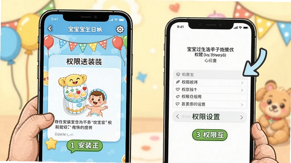 宝宝过生日游戏使用教程示意图,手机屏幕显示安装步骤和权限设置界面,卡通风格标注,清晰易懂