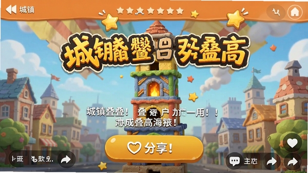 城镇叠叠高成绩分享界面,带有炫耀文案和分享按钮,社交互动感强
