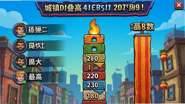 城镇叠叠高全球排行榜界面,显示玩家昵称与最高层数,竞争氛围浓厚