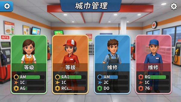 城市加油模拟游戏中的员工管理界面,显示收银员、加油员、维修工等角色卡片,每个角色有等级和技能属性,背景是加油站便利店内景