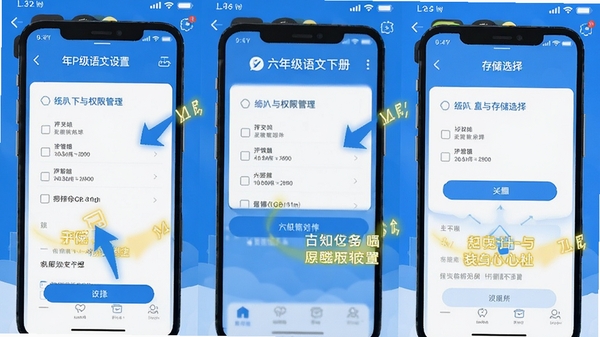 ���꼶�����²�APP��װ���ý����ͼ��չʾ�ֻ�Ȩ�޹�����洢ѡ��ҳ�棬���м�ͷ��ע����ʾ���֣���ƽ����Ʒ�񣬿Ƽ������ɫΪ��ɫ��