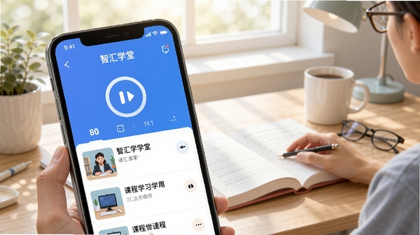 �ǻ�ѧ��APP�γ�ѧϰ����չʾ���ֻ���Ļ�г��ֱ��ٲ��Ű�ť��γ��б�������Ϊ������ѧϰ��������ͻ������ѧϰ�����ı����