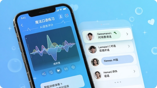 魔法口语APP界面展示,手机屏幕中显示AI语音评分波形图与场景对话选择列表,背景为清新蓝色渐变,突出智能口语练习氛围