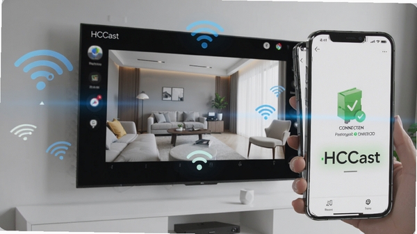 HCCast��������չʾ���ֻ���Ļ��������Ͷ�䵽���ܵ����ϣ�����������������Χ��WiFi�ź�ͼ������ӳɹ�����ʾ���Ƽ���ʮ��