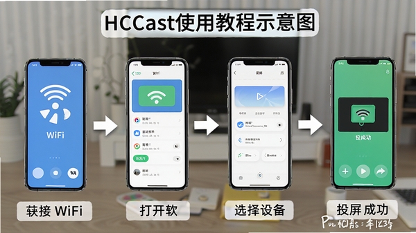 HCCastʹ�ý̳�ʾ��ͼ���ֲ���չʾ�ֻ�����WiFi����������ѡ���豸��Ͷ���ɹ���ȫ���̣������ע����