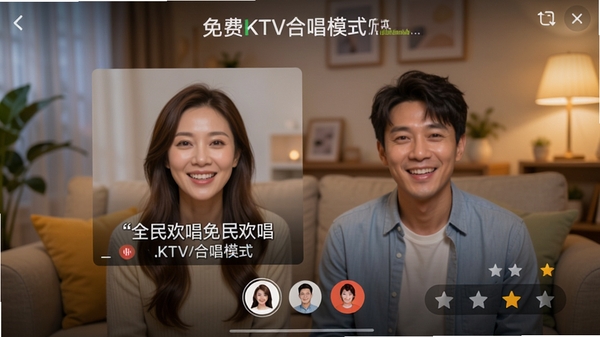 全民欢唱免费KTV合唱模式截图,展示两人连麦界面,屏幕上有歌词和评分,背景为温馨的客厅环境,氛围轻松愉快
