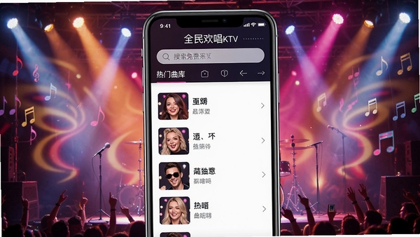 全民欢唱免费KTV海量曲库界面展示,手机屏幕中显示热门歌曲列表和搜索框,背景为舞台灯光效果,色彩鲜艳,突出音乐氛围