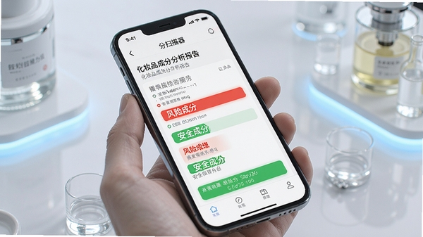 �ɷ�ɨ����APP����չʾ���ֻ���Ļ��ʾ��ױƷ�ɷַ������棬��ɫ��ע���ճɷ֣���ɫ��ע��ȫ�ɷ֣�����Ϊ���İ�ɫ���棬�Ƽ���ʮ��