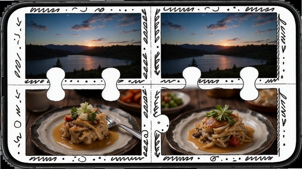 ������ƴͼ������ʾ���ֻ���Ļ��չʾ�ĸ�ƴͼģ�壬��Ƭ����Ϊ�羰����ʳ���߿�����ֻ�ͿѻԪ��
