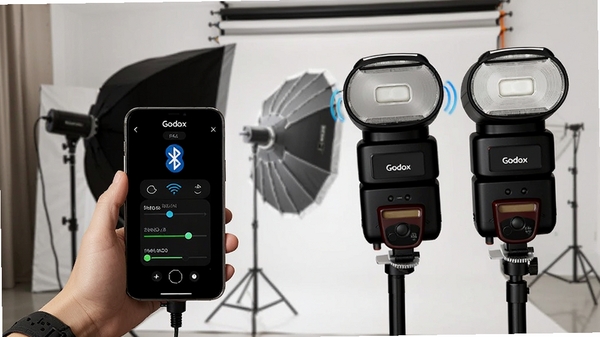 AI��ͼ��ʾ�ʣ�һλ��Ӱʦ�ֳ��ֻ�ʹ��Godox FlashӦ�ÿ���ǰ����̨��ţ����ƣ�����չʾ��������ͼ��Ͳ������ڽ��棬��Ӱ�ﻷ����רҵ�ƹ��豸������дʵ���