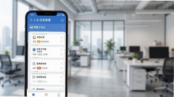 ���ǹ���̨�ֻ��������������չʾ�����칫�����ɫ��ɫ��������Ƭ�б�����������Ϊ�ִ��칫���黯����