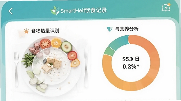 SmartHealth��ʳ��¼���棬չʾʳ������ʶ����Ӫ������Բ��ͼ��ɫ������