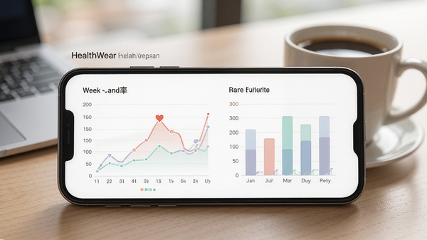 HealthWear健康趋势图表界面,手机屏幕显示一周心率变化折线图和睡眠质量柱状图,配色柔和,背景为办公桌与咖啡杯