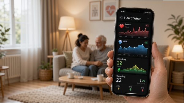 HealthWear健康数据管理界面展示,手机屏幕显示心率、睡眠、步数等彩色图表,背景为温馨家庭健康场景,科技感与生活感融合