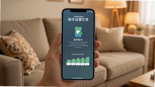 HealthWear新手设置引导界面,手机屏幕显示权限开启步骤和蓝牙配对提示,背景为居家沙发场景,暖色调