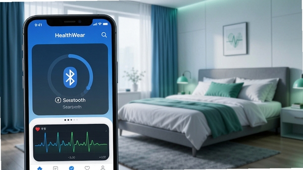 HealthWear应用界面展示智能手表连接过程,手机屏幕显示蓝牙搜索动画和心率波形图,背景为现代简约卧室,科技蓝与健康绿配色