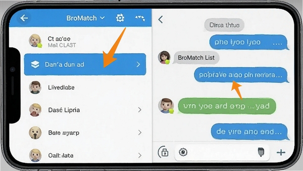 BroMatch软件在手机上的操作界面截图,展示匹配列表和聊天窗口,画面清晰,带有功能标注箭头