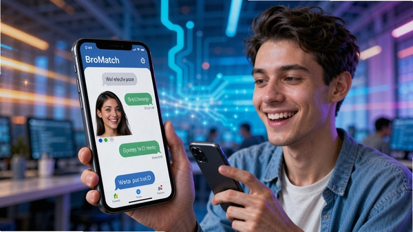 BroMatch软件界面展示智能匹配与语音互动功能,年轻用户正在使用手机愉快聊天,背景科技感光效,色彩明亮活泼
