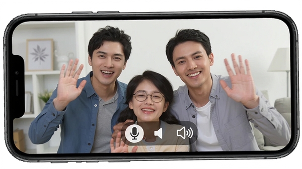 看家监控免费版双向语音对讲功能演示,手机界面显示麦克风和扬声器图标,家庭成员在画面中微笑挥手