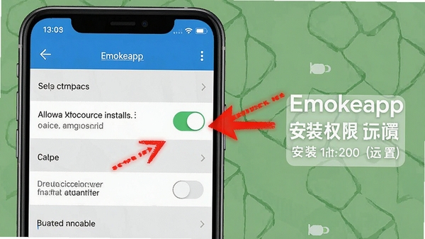 Emokeapp ��װȨ�����ý���ʾ��ͼ��չʾ�ֻ�����������δ֪��Դ��װ�Ŀ��ذ�ť����ɫ��ͷ��ע�������裬����ֱ��