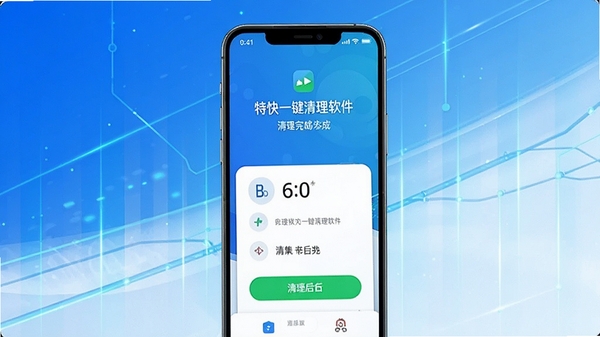 特快一键清理软件界面展示,手机屏幕显示清理完成后的清爽状态,背景为蓝白渐变科技风格