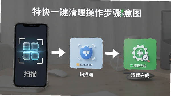特快一键清理操作步骤示意图,展示从扫描到清理完成的完整流程,简洁明了的手机界面演示