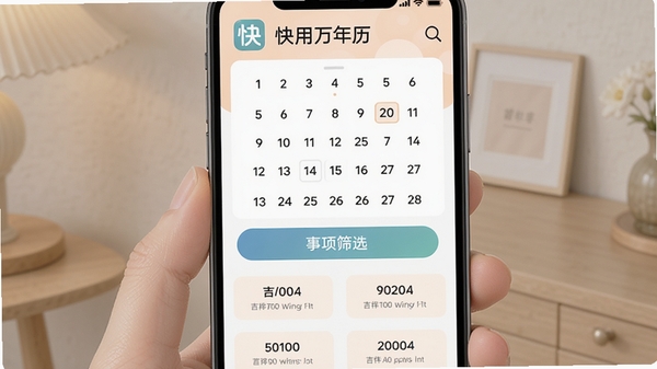 快用万年历吉日筛选功能展示,手机屏幕显示日期选择器和事项筛选按钮,下方列出多个吉日结果,界面配色柔和,突出快用万年历logo