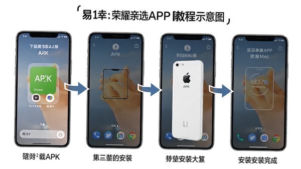 ��ҫ��ѡAPP��װ�̳�ʾ��ͼ������չʾ�ֻ���Ļ������APK����װ��ɵ��ĸ������ͼ�����Լ�ͷ���������ֱ�ע��������࣬ͻ���������������׶�