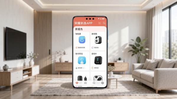 ��ҫ��ѡAPP��ҳչʾͼ����������Ϊ��ҫ�ֻ���Ļ����Ļ����ʾ��ҫ��ѡӦ�ý��棬�������ܼҾӡ������������Ʒ���࣬����Ϊ�ִ���Լ�Ҿӻ���������������ͣ�ͻ���Ƽ�����Ʒ�ʸУ�������������Ȼ