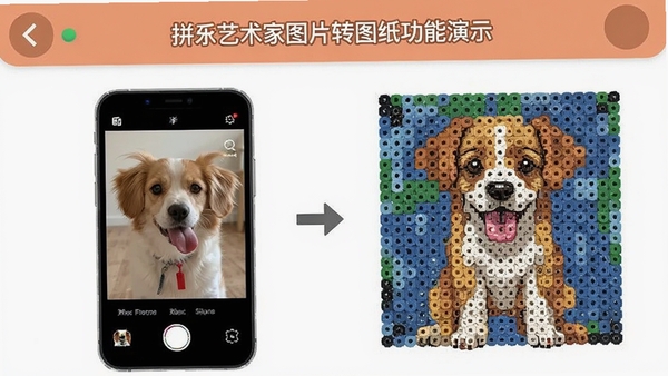拼豆艺术家图片转图纸功能演示,手机导入一张宠物照片,自动生成彩色拼豆网格图纸,界面清晰展示转换过程,拼豆艺术家软件名称出现在画面中