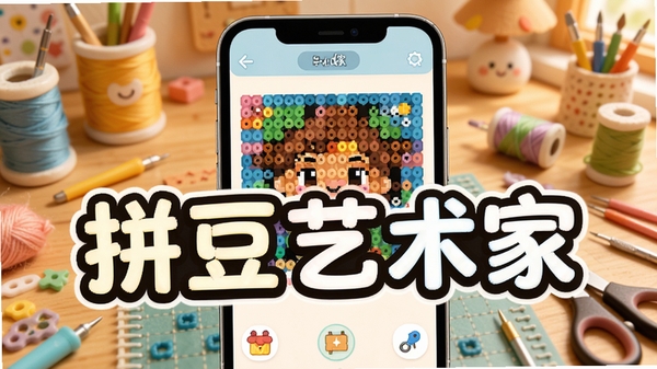 拼豆艺术家软件主界面展示,手机屏幕上显示彩色拼豆像素图案,背景温馨手工桌面,卡通风格,明亮色调,软件名称拼豆艺术家醒目展示