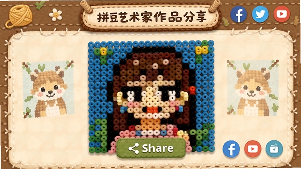 拼豆艺术家作品分享界面,展示完成的拼豆像素画作品,带有分享按钮和社交平台图标,拼豆艺术家软件名称在顶部显示,温馨手工风格