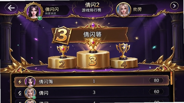 倩闪2游戏排行榜界面,展示全球玩家分数排名,顶部有玩家头像和昵称,中间是前三名领奖台展示,下方是列表排名,界面带有金色和紫色的华丽装饰,手机竖屏显示