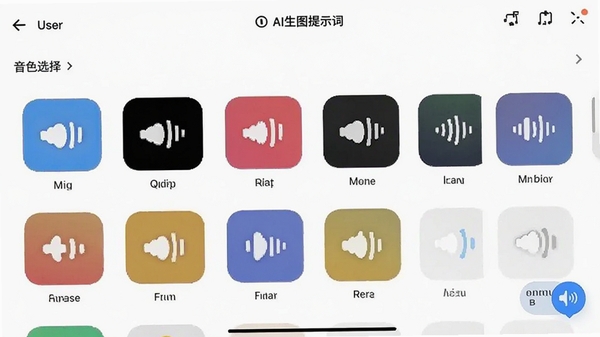 AI生图提示词:听话软件个性化设置界面,展示音色选择列表,有不同风格的声音图标,用户正在试听