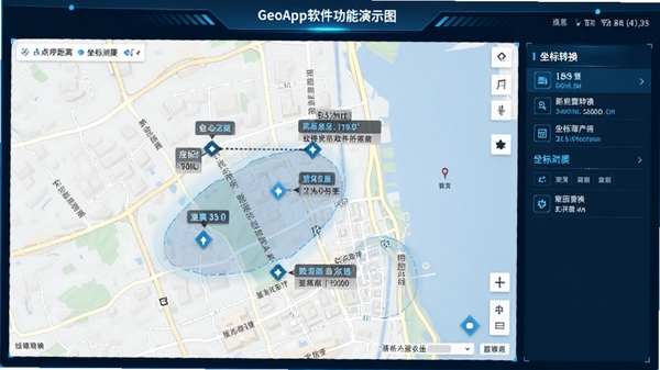 GeoApp����������ʾͼ��չʾ��ͼ�϶��λ�������������ת�����棬�Ƽ�����ɫ��������ע��������