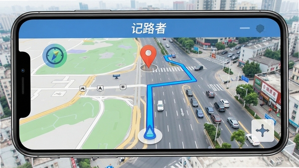 记路者软件主界面展示,手机屏幕显示实时行车轨迹地图,蓝色路线标注清晰,界面简洁现代,GPS定位图标醒目,背景为城市道路俯瞰图,软件名称“记路者”显示在界面顶部