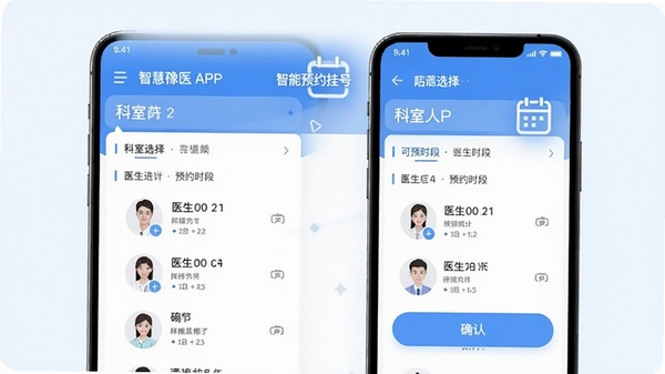 智慧豫医APP智能预约挂号功能界面,展示科室选择、医生列表与可预约时间段,界面中带有日历图标与确认按钮,风格清新简洁