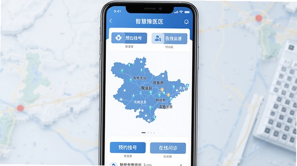 智慧豫医APP主界面截图,展示预约挂号与在线问诊功能入口,手机屏幕中呈现河南地图医疗资源分布,界面以蓝色和白色为主色调,风格简洁现代,高清UI展示图